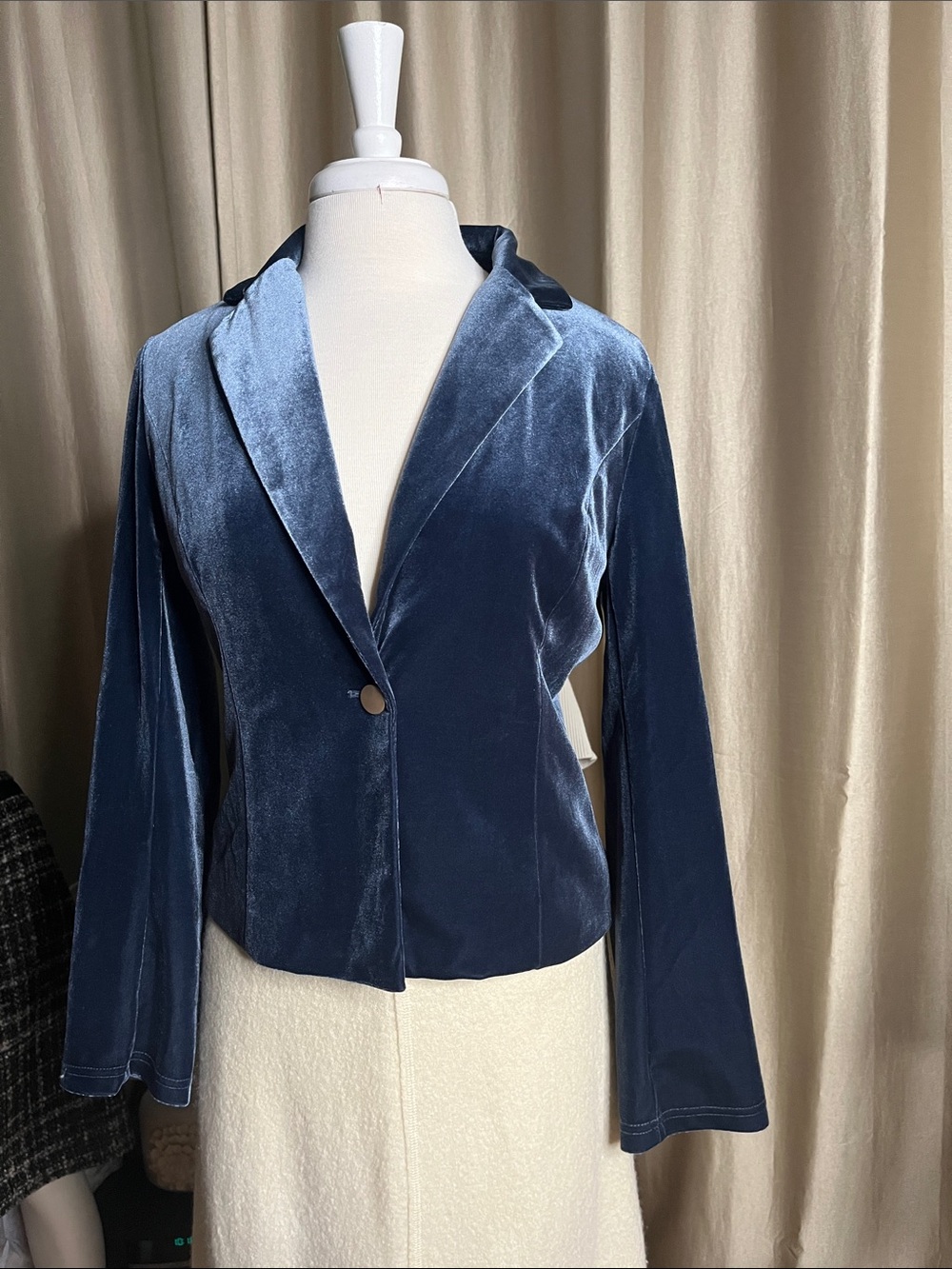 Allegra K M blazer cropped velvet velour Teal lined satin one button